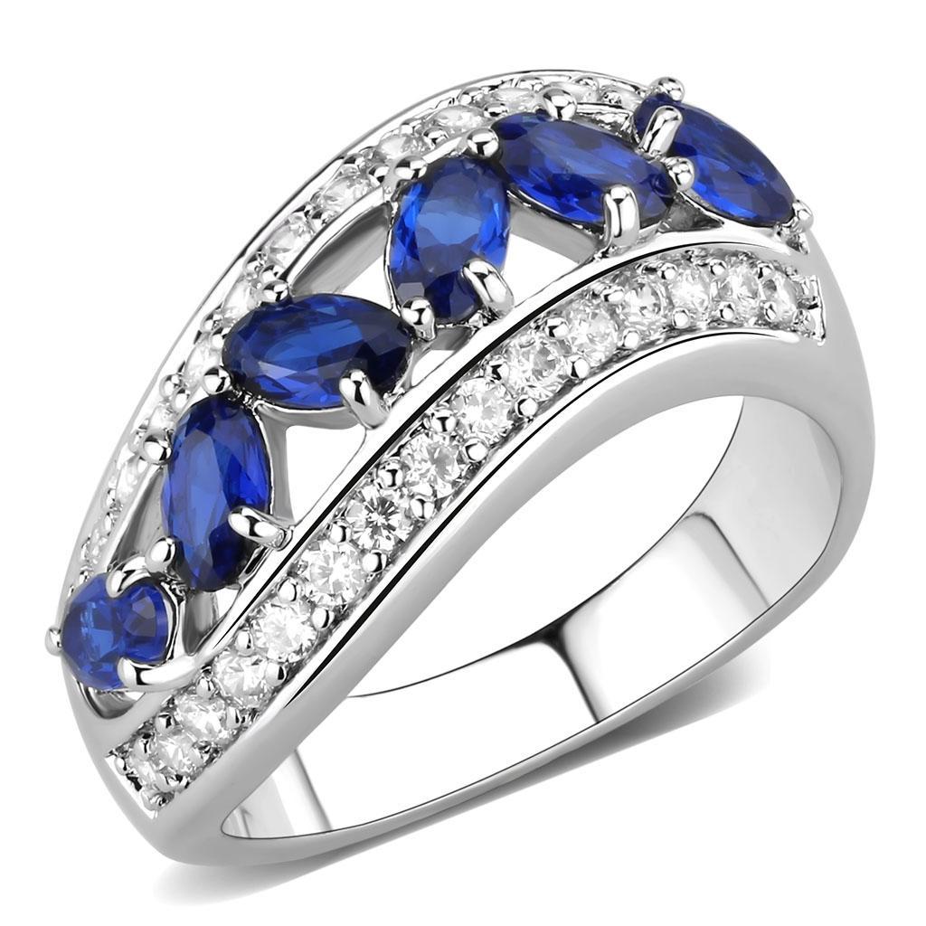 JCE1569 Rhodium Brass Ring with Synthetic Spinel in London Blue