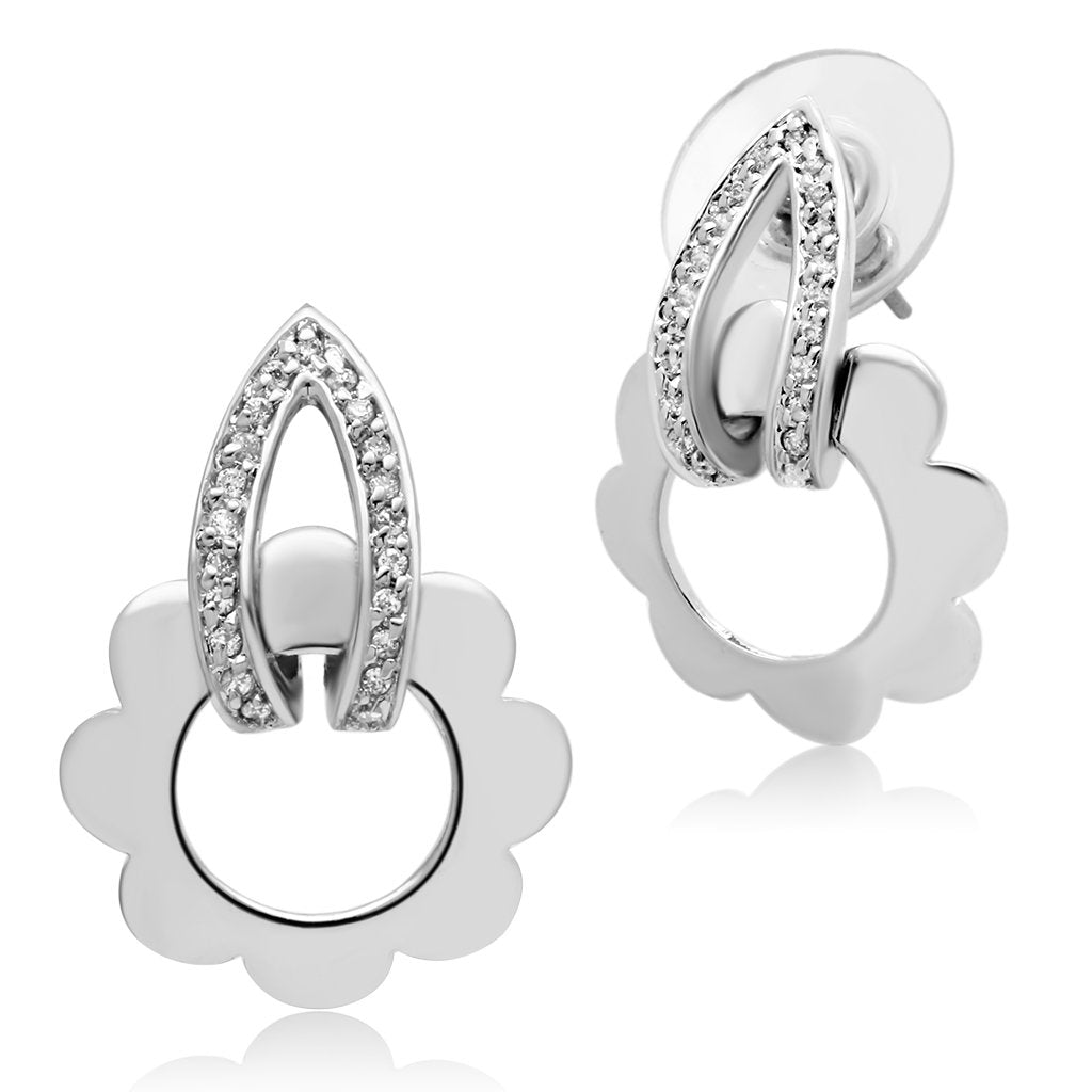 JCE302 Rhodium Brass Earrings with AAA Grade CZ  in Clear