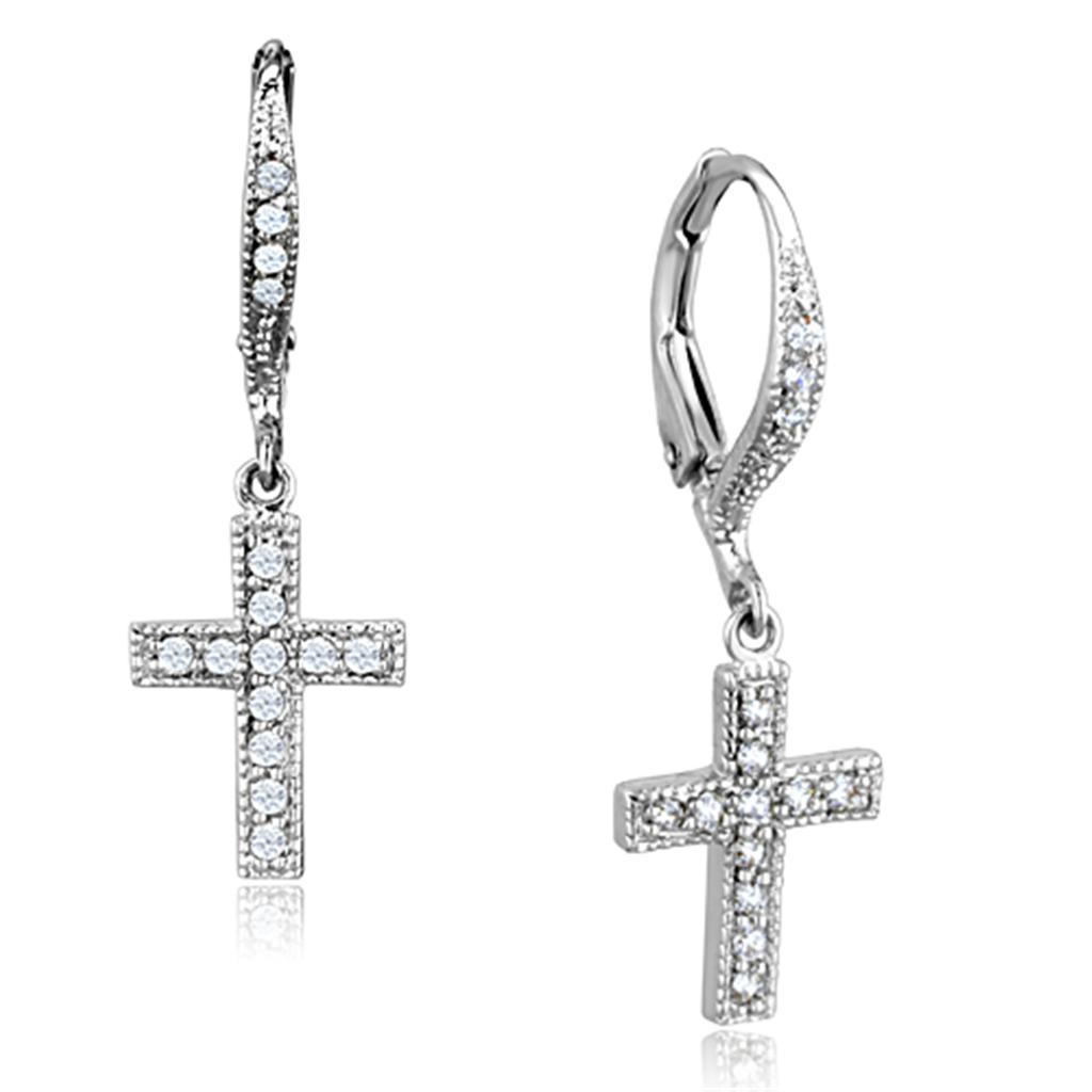JCE688 Rhodium Brass Earrings with AAA Grade CZ  in Clear