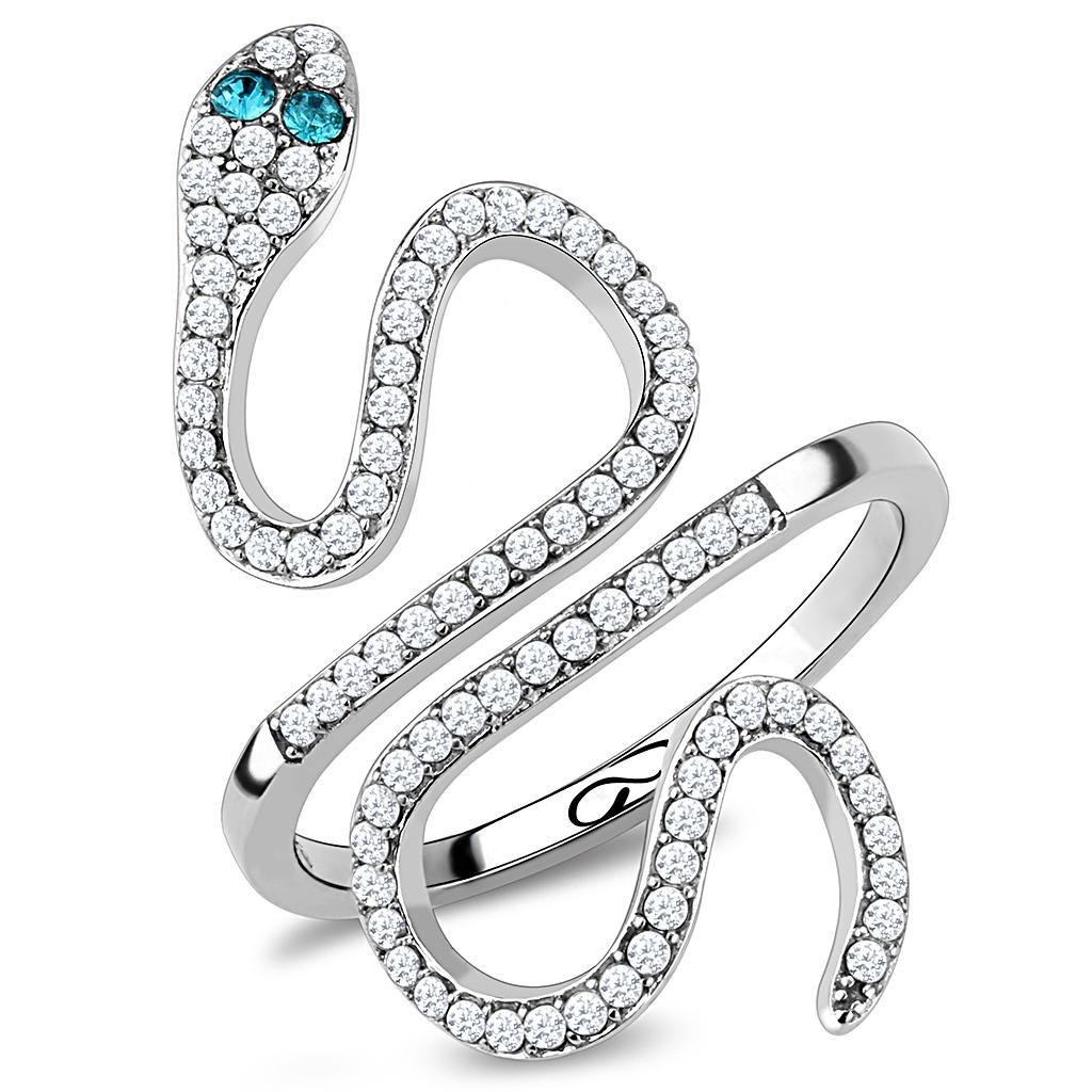 JCE051 High polished (no plating) Stainless Steel Ring with Top Grade Crystal  in Blue Zircon