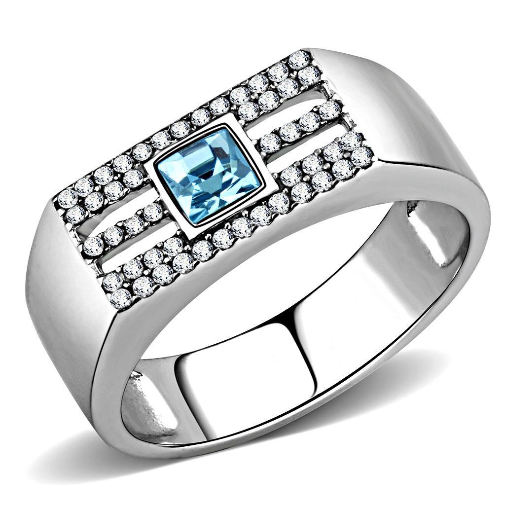 JCE283 High polished (no plating) Stainless Steel Ring with Top Grade Crystal  in Sea Blue
