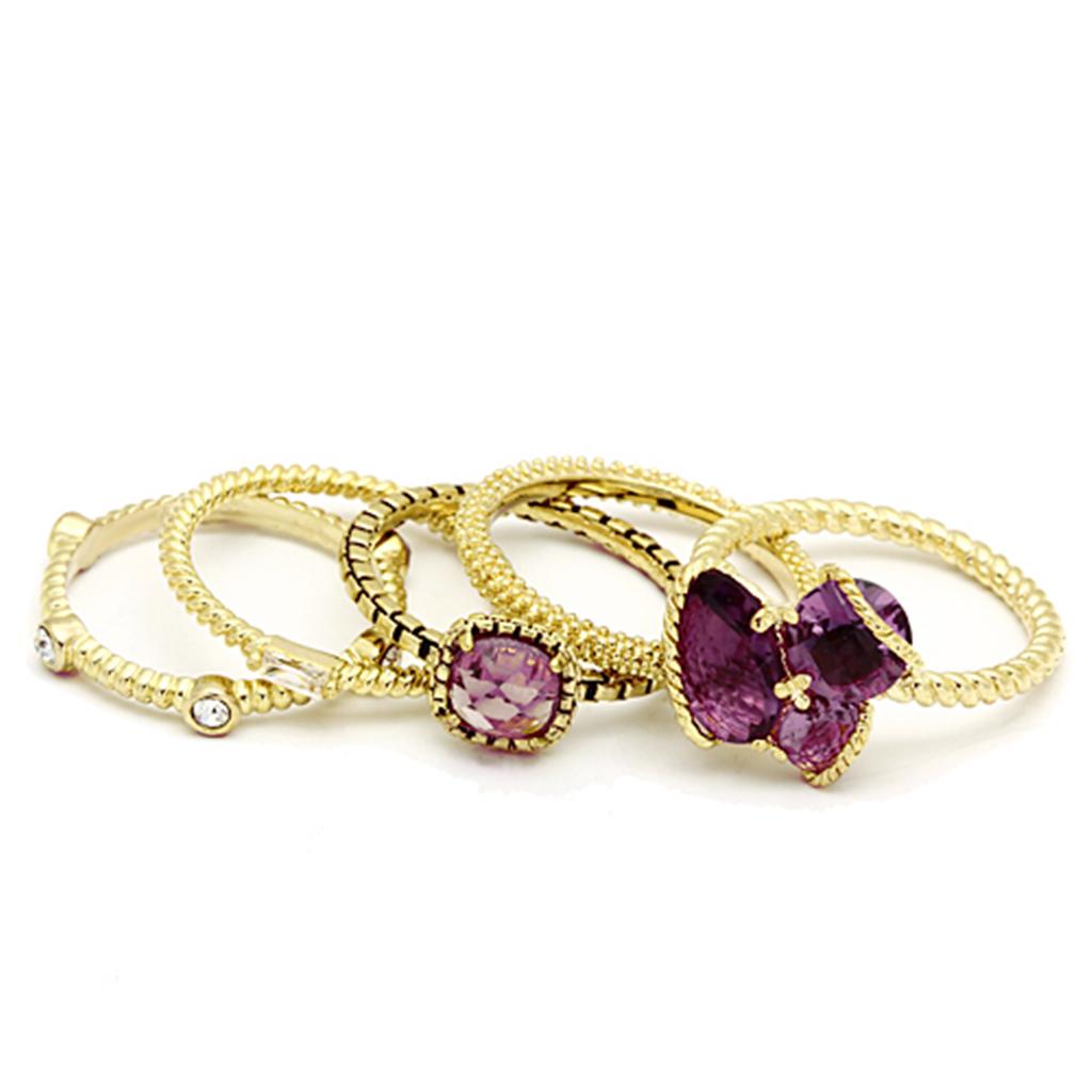 JCE2502 Gold Brass Ring with Synthetic Synthetic Glass in Amethyst