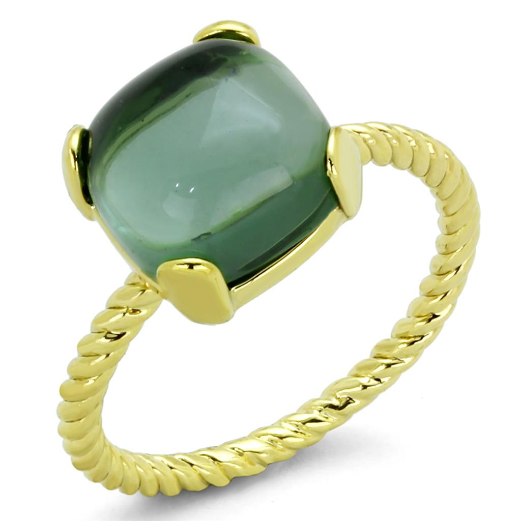 JCE3546 Gold Brass Ring with Synthetic Synthetic Glass in Emerald