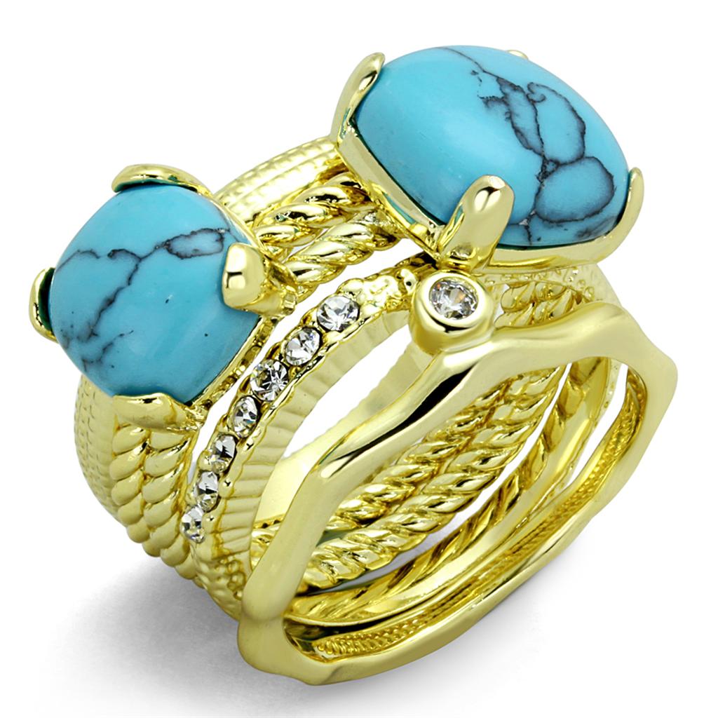 JCE3650 Gold Brass Ring with Synthetic Turquoise in Sea Blue