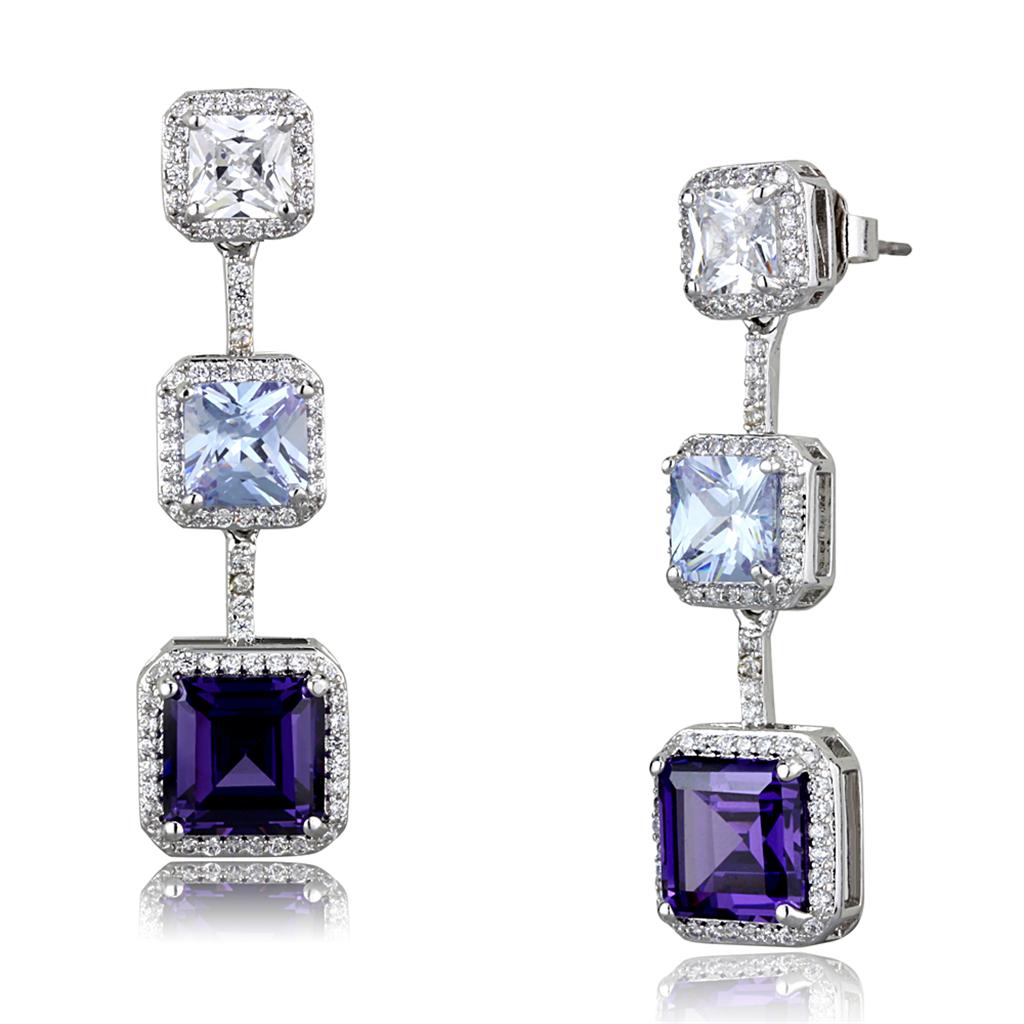 JCE3754 Rhodium Brass Earrings with AAA Grade CZ  in Amethyst