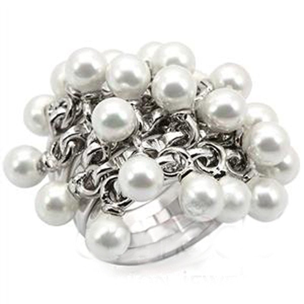 JCES447 Rhodium 925 Sterling Silver Ring with Synthetic Pearl in White
