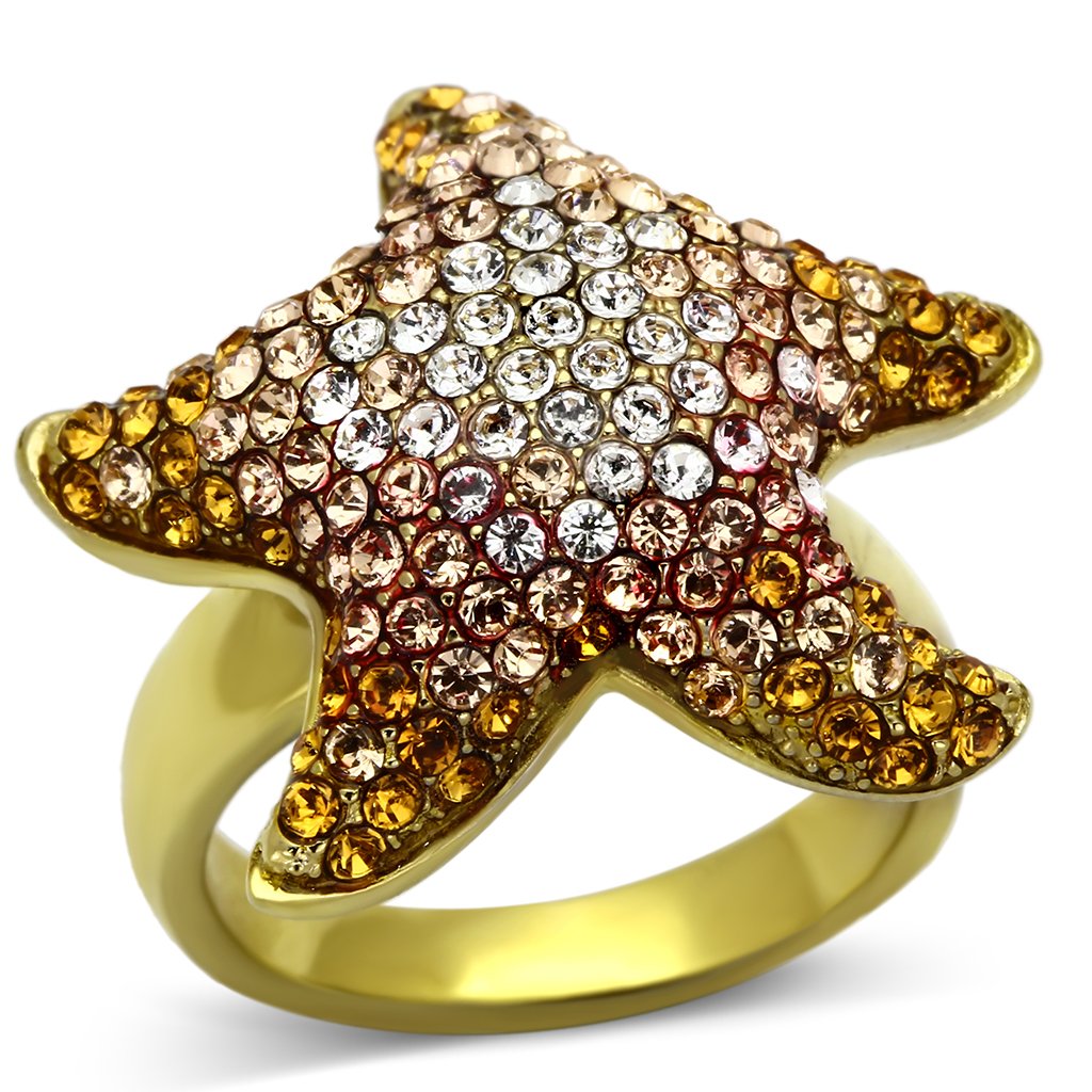 JCE1034 IP Gold(Ion Plating) Stainless Steel Ring with Top Grade Crystal  in Multi Color