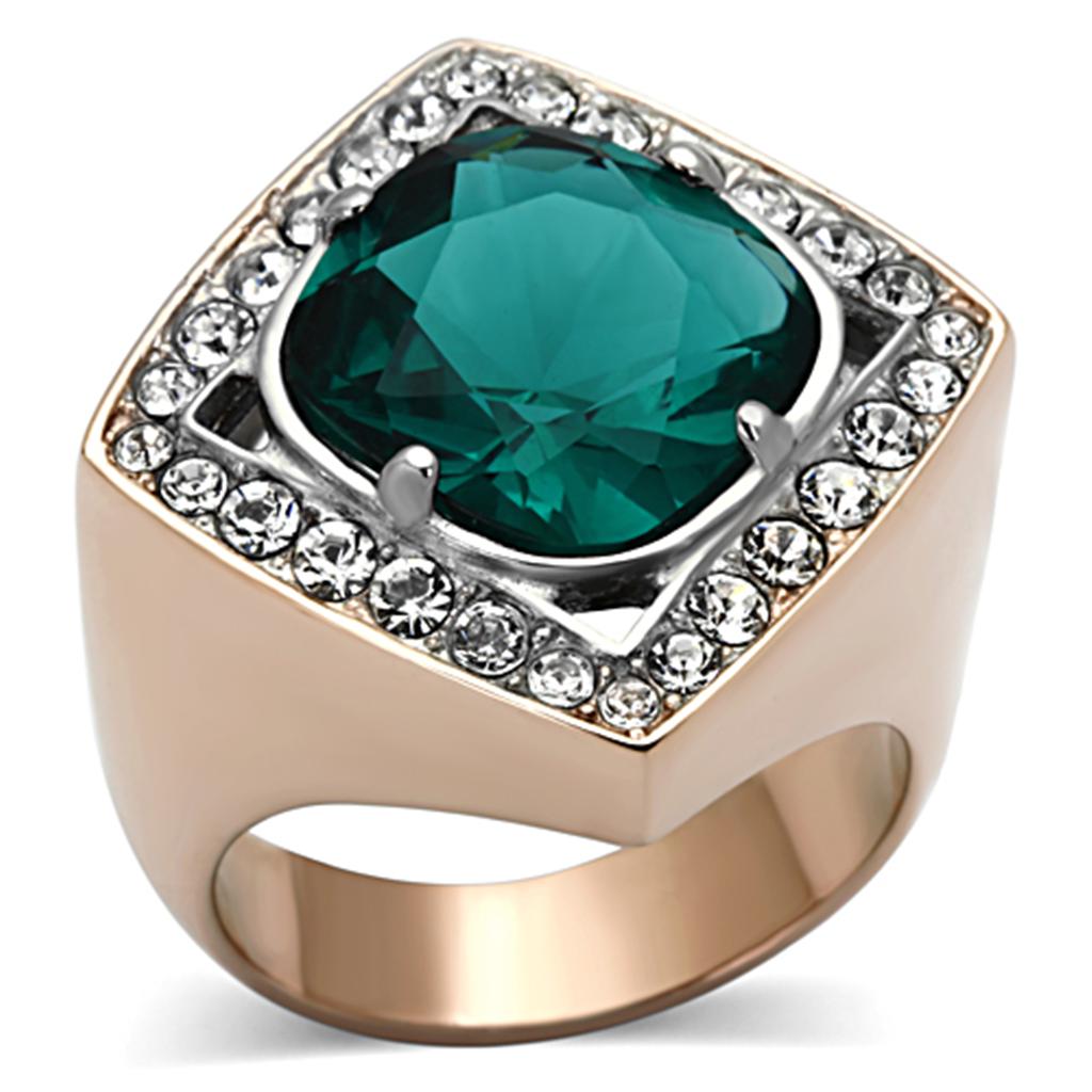 JCE1160 Two-Tone IP Rose Gold Stainless Steel Ring with Synthetic Synthetic Glass in Blue Zircon