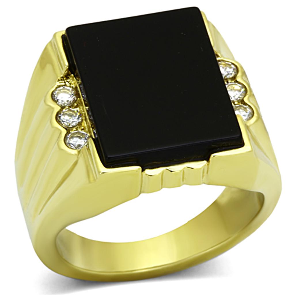 JCE1236 IP Gold(Ion Plating) Stainless Steel Ring with Synthetic Onyx in Jet