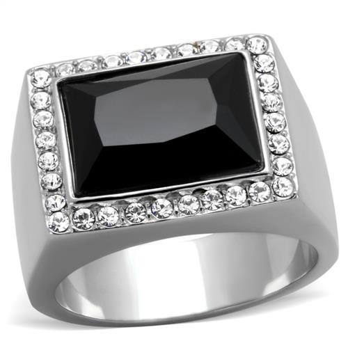 JCE1810 High polished (no plating) Stainless Steel Ring with Synthetic Onyx in Jet
