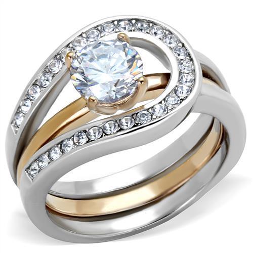 JCE2032 Two-Tone IP Rose Gold Stainless Steel Ring with AAA Grade CZ  in Clear