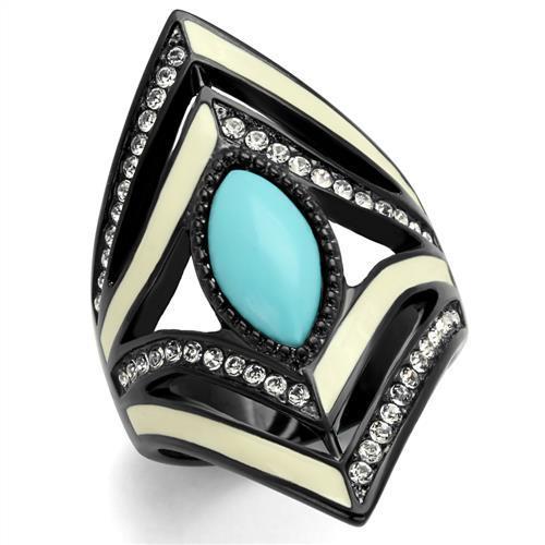 JCE2099 IP Black(Ion Plating) Stainless Steel Ring with Synthetic Turquoise in Sea Blue