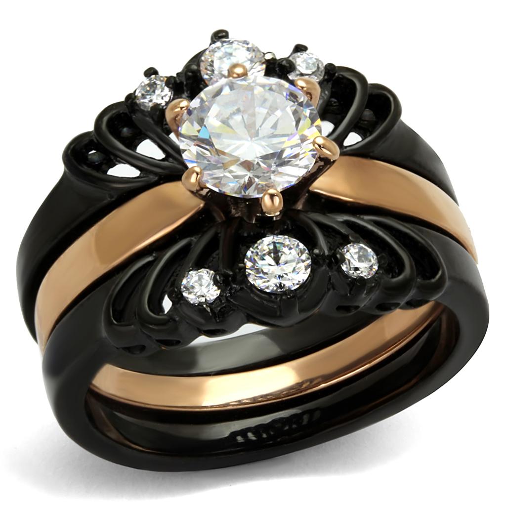 JCE2189 IP Rose Gold+ IP Black (Ion Plating) Stainless Steel Ring with AAA Grade CZ  in Clear