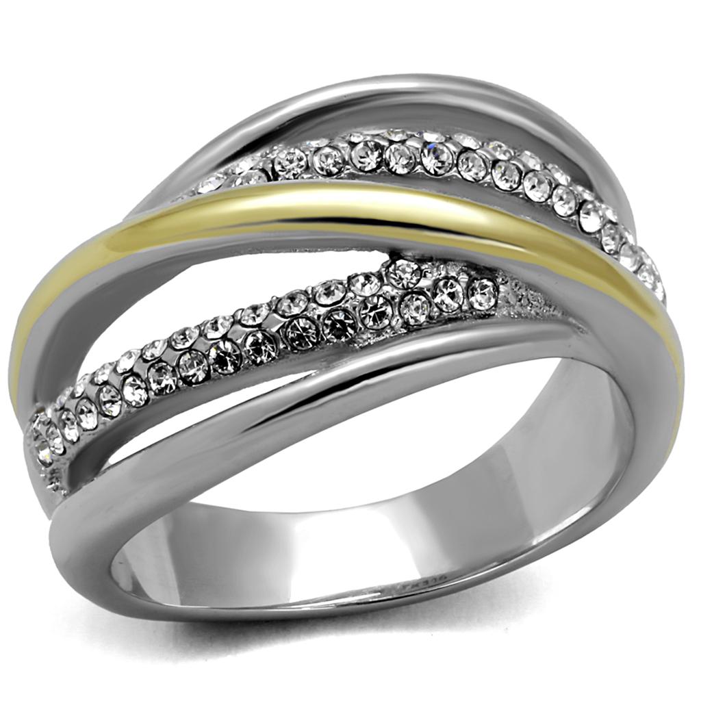 JCE2263 Two-Tone IP Gold (Ion Plating) Stainless Steel Ring with Top Grade Crystal  in Clear