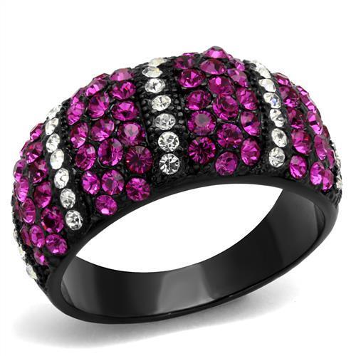JCE2356 IP Black(Ion Plating) Stainless Steel Ring with Top Grade Crystal  in Fuchsia