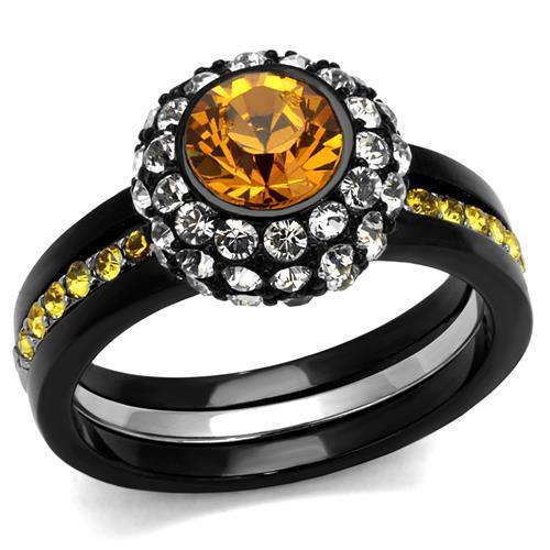 JCE2783 Two-Tone IP Black (Ion Plating) Stainless Steel Ring with Top Grade Crystal  in Topaz