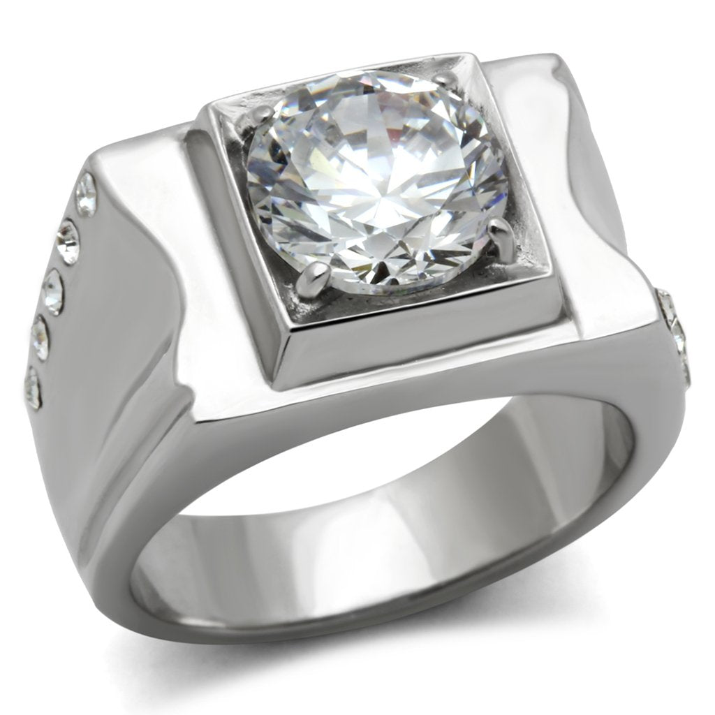 JCE311 High polished (no plating) Stainless Steel Ring with AAA Grade CZ  in Clear
