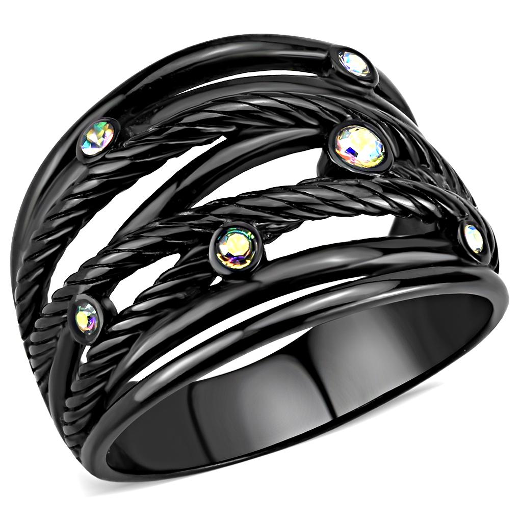 JCE3566 IP Black(Ion Plating) Stainless Steel Ring with Top Grade Crystal  in Aurora Borealis (Rainbow Effect)