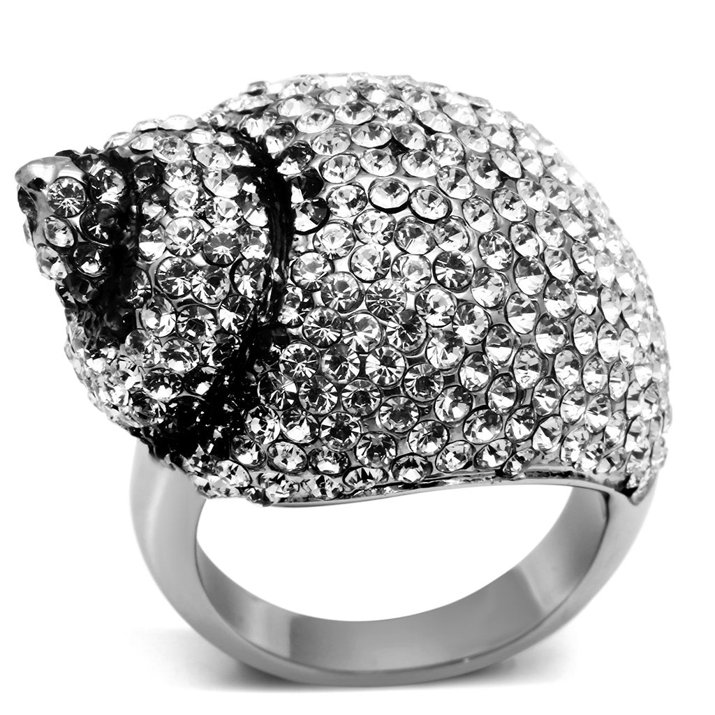 JCE661 High polished (no plating) Stainless Steel Ring with Top Grade Crystal  in Clear