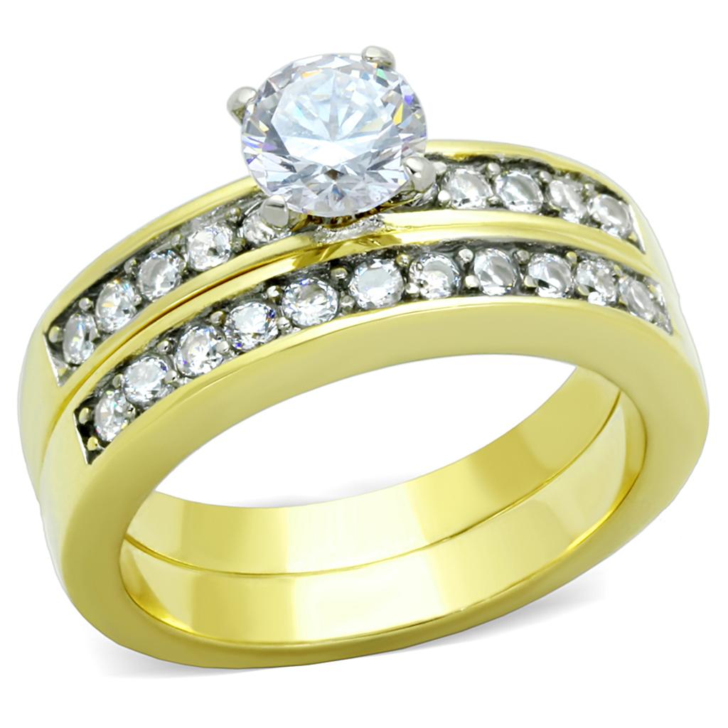 JCE8X003 Two-Tone IP Gold (Ion Plating) Stainless Steel Ring with AAA Grade CZ  in Clear