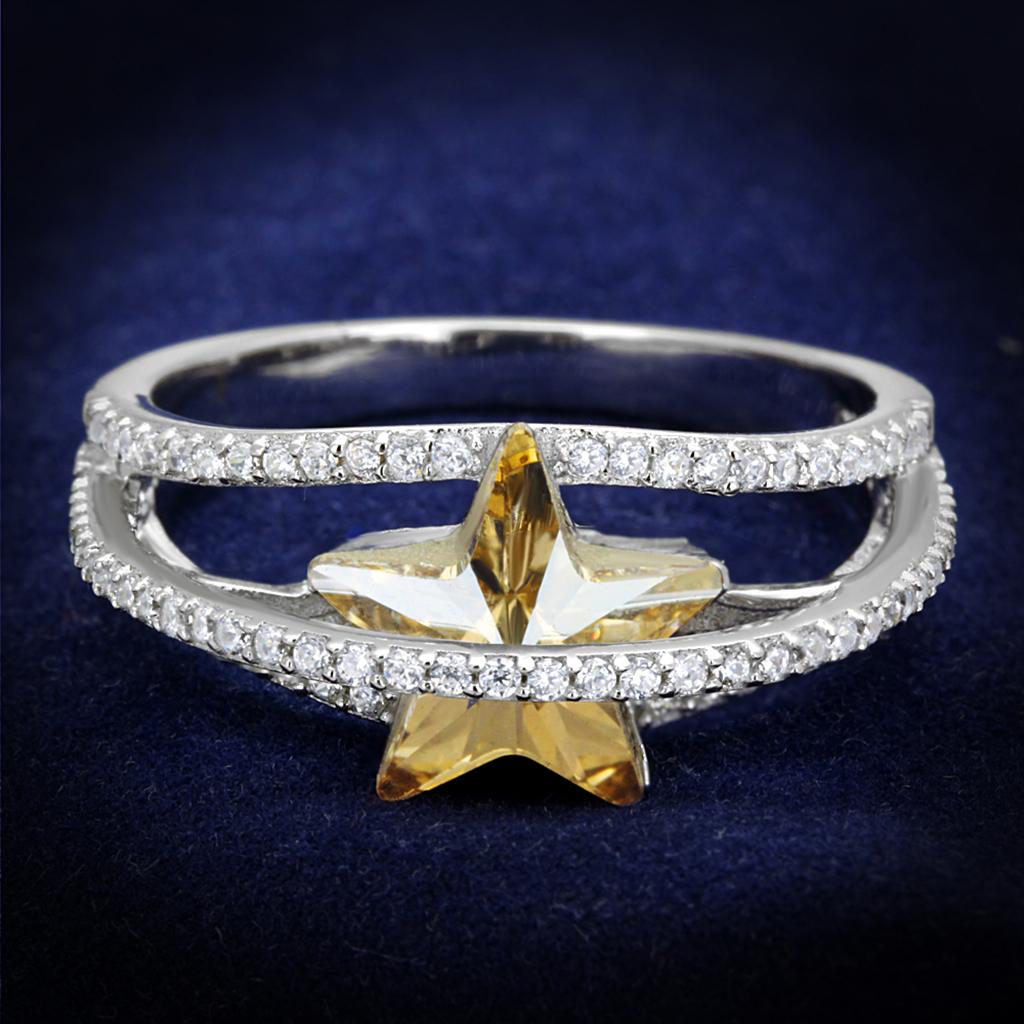 JCE315 Rhodium 925 Sterling Silver Ring with Top Grade Crystal  in Citrine Yellow